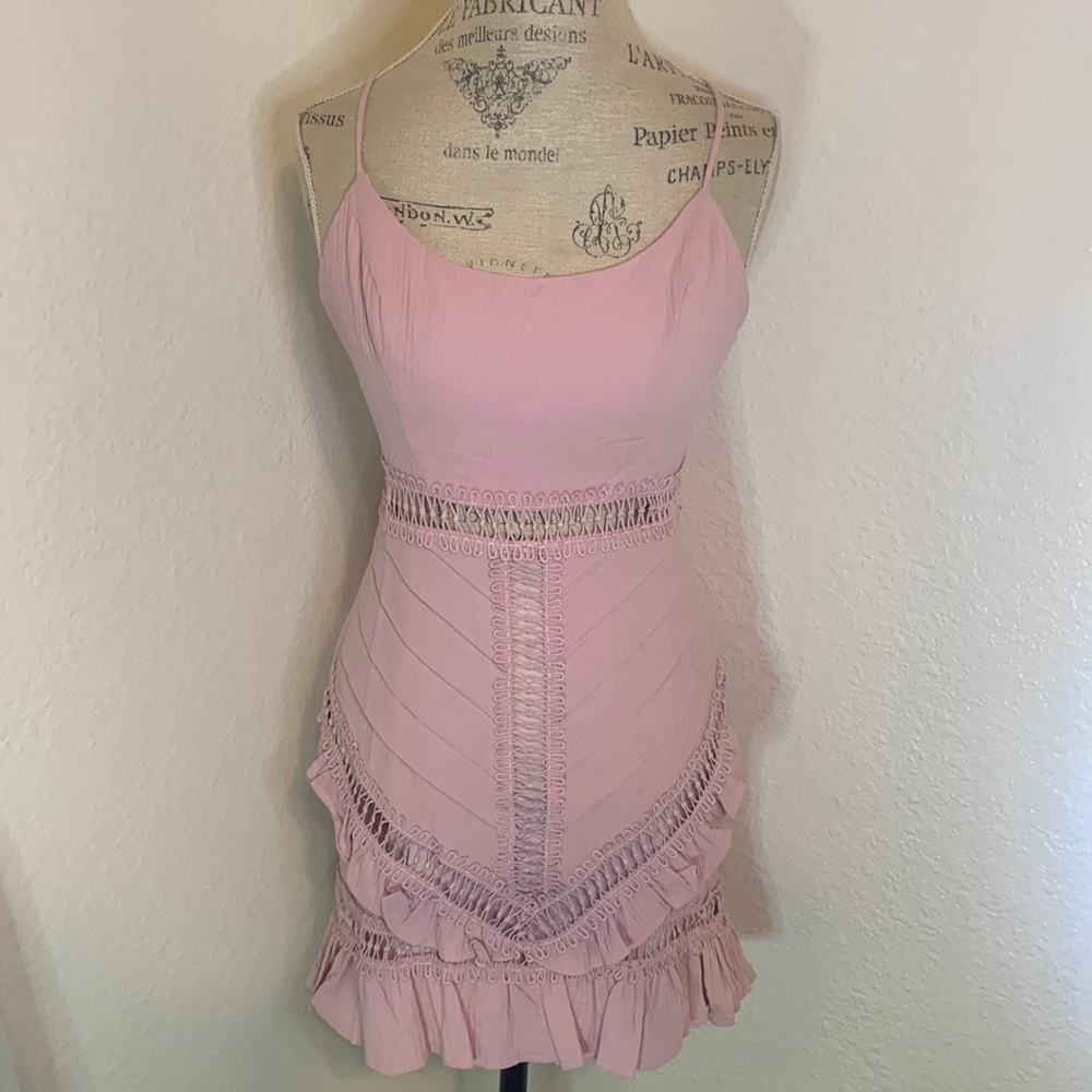 Selfie Leslie Ruffle Pink Crochet Dress